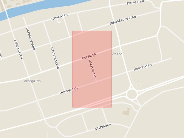 Karta som med röd fyrkant ramar in Nääfsgatan, Arboga, Västmanlands län