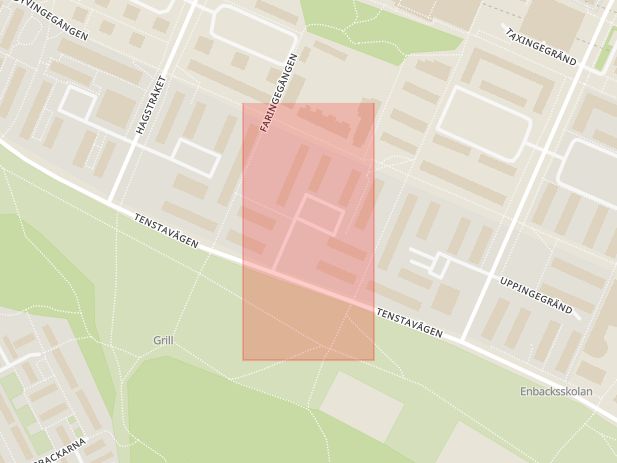 Karta som med röd fyrkant ramar in Tensta, Faringeplan, Stockholm, Stockholms län