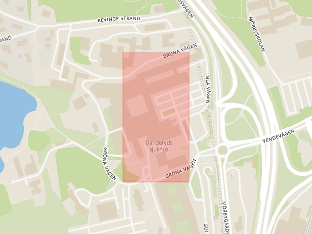 Karta som med röd fyrkant ramar in Danderyds Sjukhus, Täby, Stockholms län