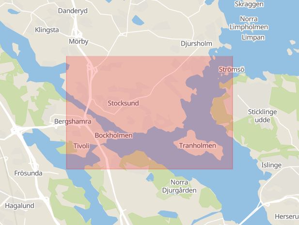Karta som med röd fyrkant ramar in Stocksund, Danderyd, Stockholms län