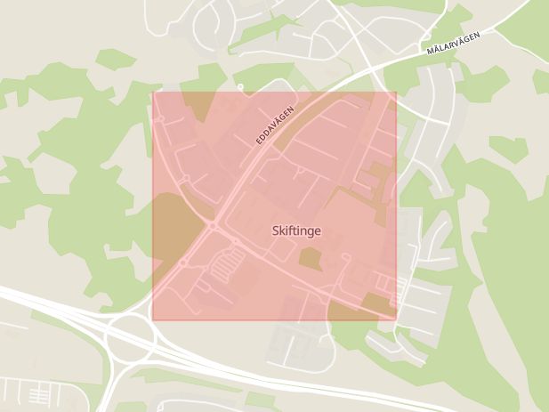 Karta som med röd fyrkant ramar in Skiftinge, Karl Hovbergsgatan, Mälarvägen, Eskilstuna, Södermanlands län