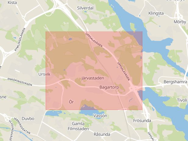Karta som med röd fyrkant ramar in Järvafältet, Stockholm, Stockholms län