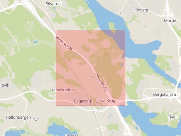 Karta som med röd fyrkant ramar in Uppsalavägen, Ulriksdal, Solna, Stockholms län