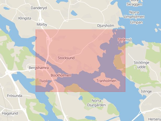 Karta som med röd fyrkant ramar in Stocksund, Danderyd, Stockholms län
