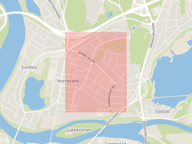 Karta som med röd fyrkant ramar in Norrstrandsgatan, Karlstad, Värmlands län