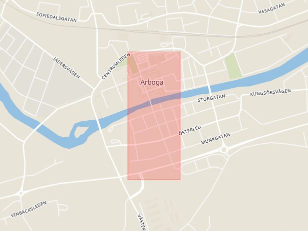 Karta som med röd fyrkant ramar in Kapellgatan, Arboga, Västmanlands län