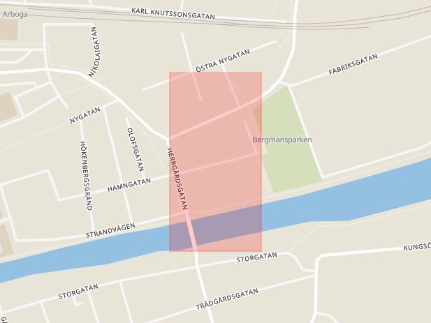 Karta som med röd fyrkant ramar in Tunnan, Östra Hamngatan, Arboga, Västmanlands län
