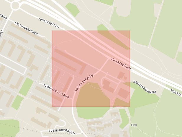 Karta som med röd fyrkant ramar in Tensta, Krällingegränd, Stockholm, Stockholms län