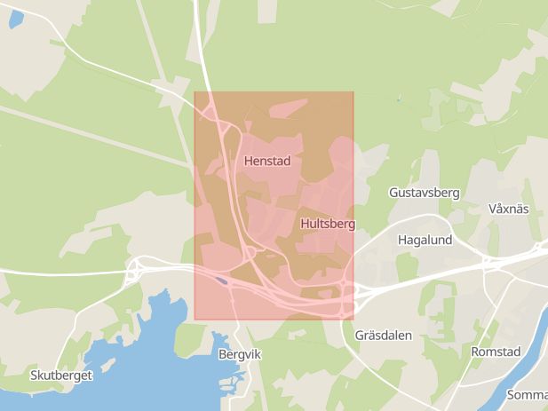 Karta som med röd fyrkant ramar in Körkarlsvägen, Hultsberg, Karlstad, Värmlands län