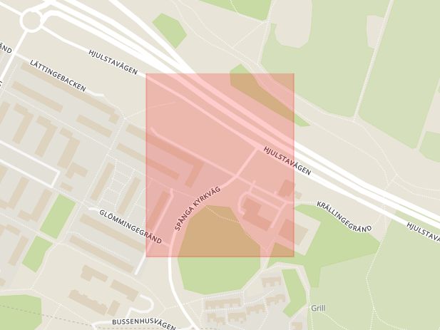 Karta som med röd fyrkant ramar in Tensta, Krällingegränd, Stockholm, Stockholms län