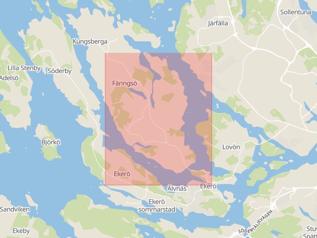 Karta som med röd fyrkant ramar in Färentunavägen, Ekerö, Stockholms län
