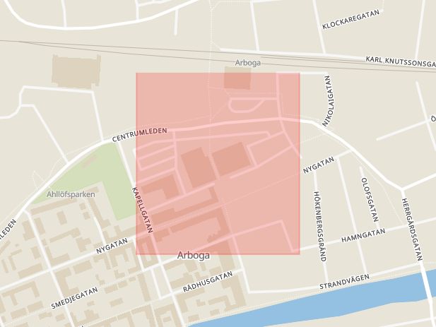 Karta som med röd fyrkant ramar in Ahllöfsgatan, Arboga, Västmanlands län
