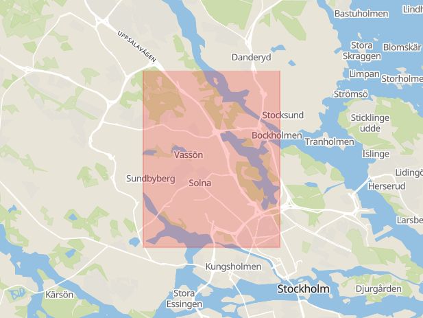 Karta som med röd fyrkant ramar in Sunda, Solna, Stockholms län
