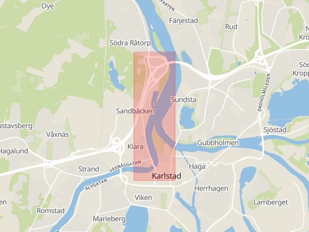 Karta som visar ungefär var händelsen Trafikolycka,  personskada: En kvinna i 30-årsåldern har avlidit efter en trafikolycka i Karlstad. inträffat
