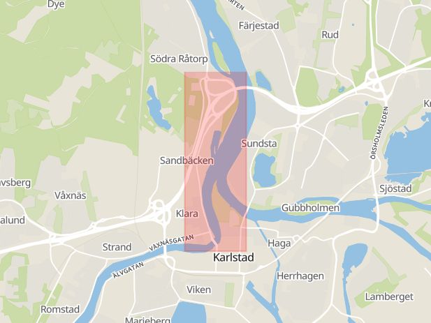 Karta som med röd fyrkant ramar in Sandbäcksgatan, Karlstad, Värmlands län