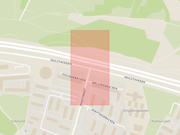 Karta som med röd fyrkant ramar in Hagstråket, Hjulstavägen, Tensta, Stockholm, Stockholms län