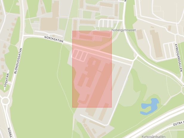Karta som med röd fyrkant ramar in Nobelgymnasiet, Nokiagatan, Karlstad, Värmlands län