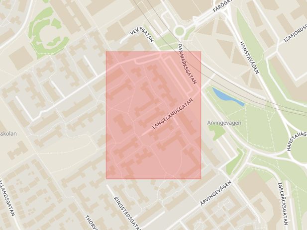 Karta som med röd fyrkant ramar in Kista, Langelandsgatan, Stockholm, Stockholms län