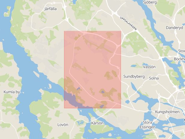 Karta som med röd fyrkant ramar in Hässelby Gård, Bergslagsvägen, Stockholm, Stockholms län