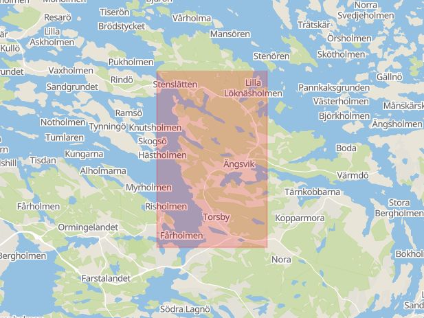Karta som med röd fyrkant ramar in Värmdövägen, Ängsvik, Värmdö, Stockholms län