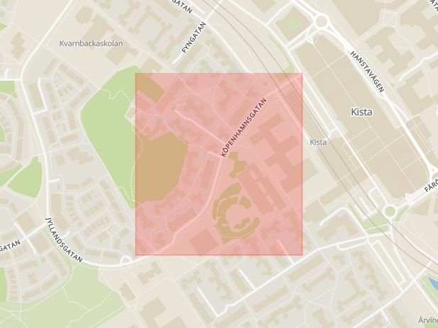 Karta som med röd fyrkant ramar in Köpenhamnsgatan, Kista, Stockholm, Stockholms län