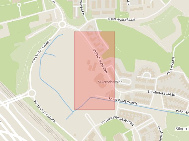 Karta som med röd fyrkant ramar in Silverdal, Solna, Stockholms län