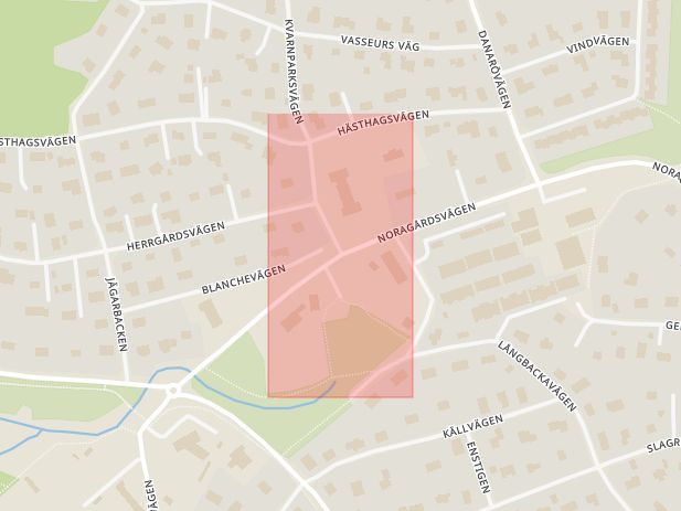 Karta som med röd fyrkant ramar in Noragårdsvägen, Kvarnparksvägen, Danderyd, Stockholms län
