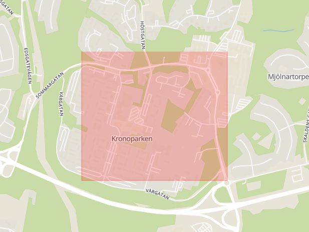 Karta som med röd fyrkant ramar in Sommargatan, Kronoparken, Karlstad, Värmlands län