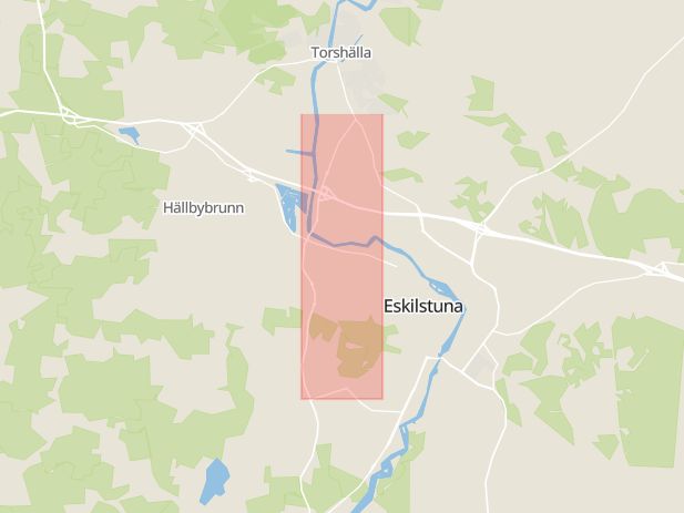 Karta som med röd fyrkant ramar in Södermanland, Västerleden, Eskilstuna, Östra Långgatan, Trosa, Södermanlands län