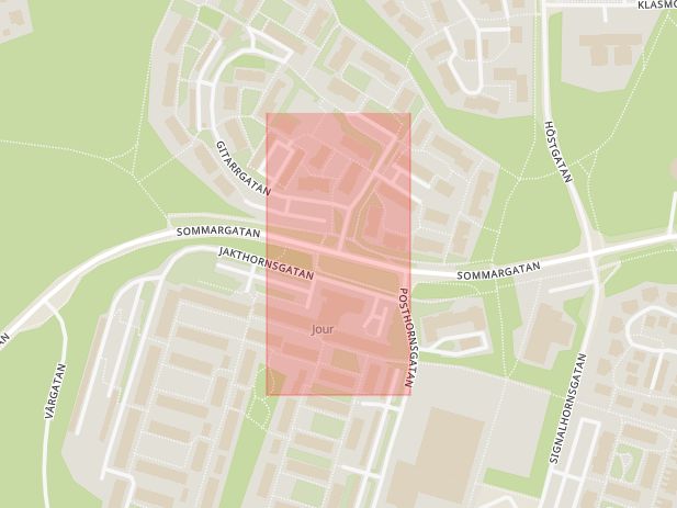 Karta som med röd fyrkant ramar in Gitarrgatan, Sommargatan, Karlstad, Värmlands län