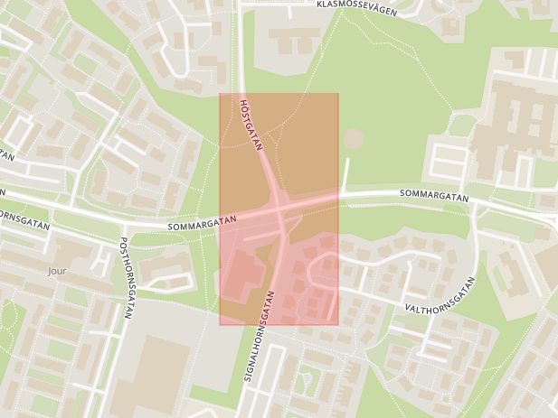 Karta som med röd fyrkant ramar in Höstgatan, Sommargatan, Kronoparken, Karlstad, Värmlands län