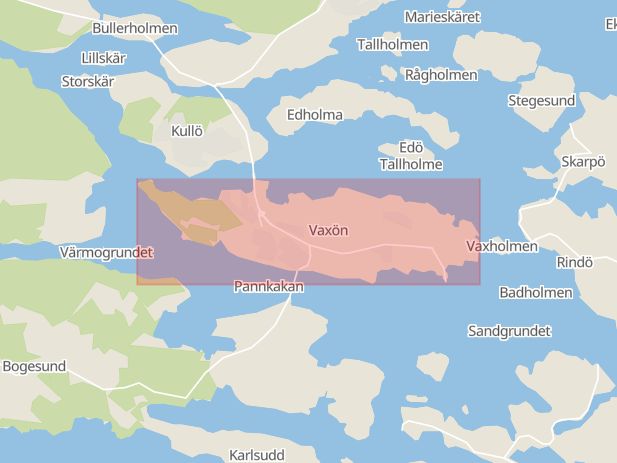 Karta som med röd fyrkant ramar in Bogesundsvägen, Vaxholm, Stockholms län