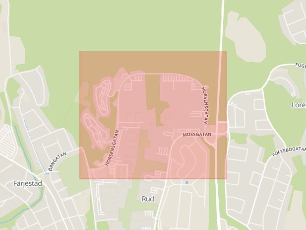 Karta som med röd fyrkant ramar in Horsensgatan, Karlstad, Värmlands län
