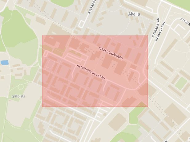 Karta som med röd fyrkant ramar in Akalla, Helsingforsgatan, Stockholm, Stockholms län