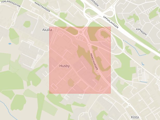 Karta som med röd fyrkant ramar in Husby, Hanstavägen, Gångvägen, Norgegatan, Törnbergsgatan, Stockholm, Stockholms län