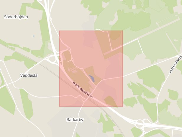 Karta som med röd fyrkant ramar in Enköpingsvägen, Barkarby, Järfälla, Stockholms län