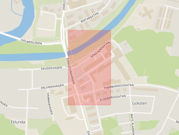 Karta som med röd fyrkant ramar in Gökstensgatan, Eskilstuna, Skiftinge, Södermanlands län