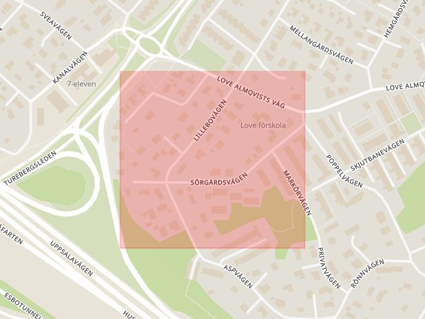Karta som med röd fyrkant ramar in Tureberg, Sörgårdsvägen, Sollentuna, Stockholms län