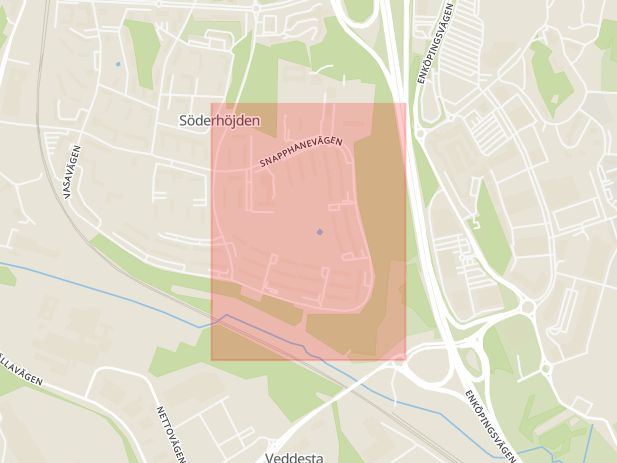 Karta som med röd fyrkant ramar in Snapphanevägen, Järfälla, Stockholms län