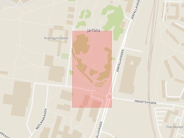 Karta som med röd fyrkant ramar in Jakobsberg, Kvarnbacken, Järfälla, Stockholms län