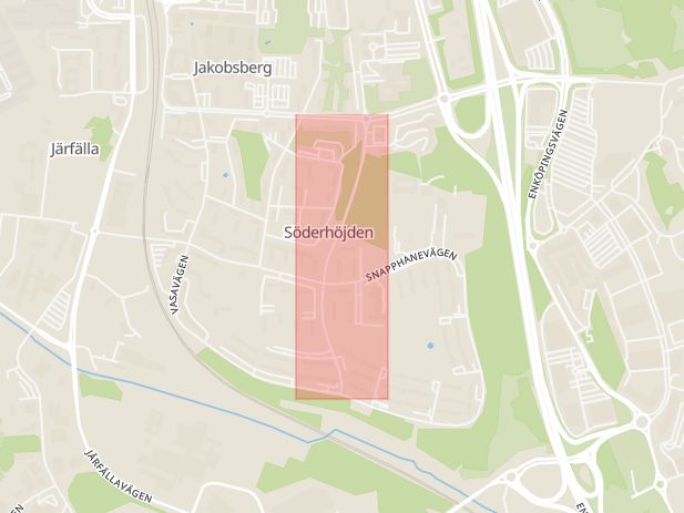 Karta som med röd fyrkant ramar in Jakobsberg, Dackevägen, Järfälla, Stockholms län