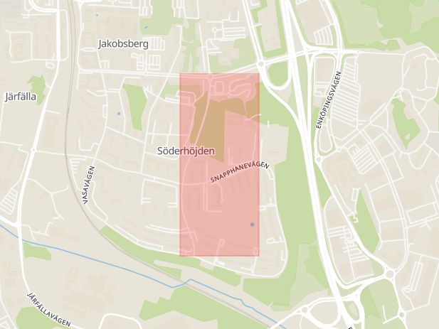 Karta som med röd fyrkant ramar in Dackevägen, Jakobsberg, Järfälla, Stockholms län