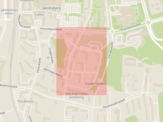 Karta som med röd fyrkant ramar in Jakobsberg, Hammarvägen, Järfälla, Stockholms län