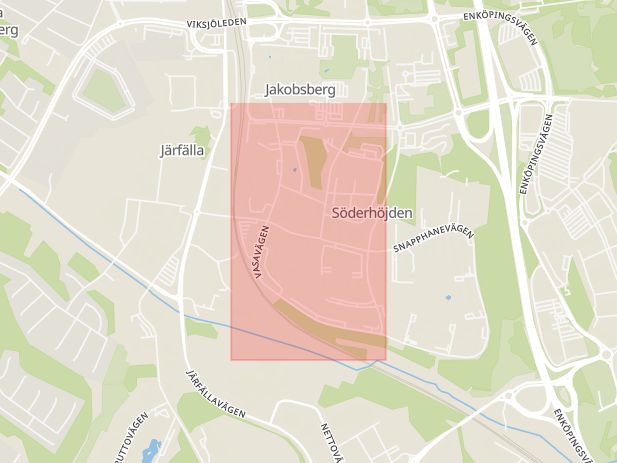 Karta som med röd fyrkant ramar in Jakobsberg, Vasavägen, Järfälla, Stockholms län