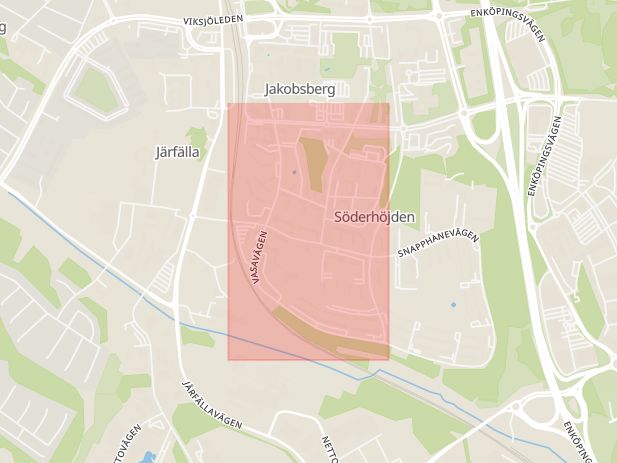 Karta som med röd fyrkant ramar in Vasavägen, Järfälla, Stockholms län