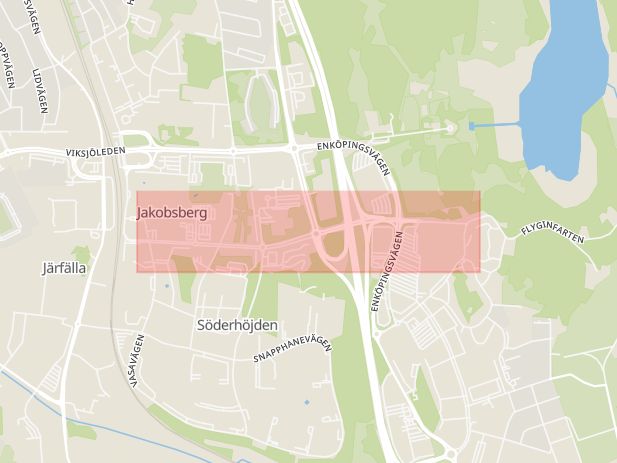 Karta som med röd fyrkant ramar in Jakobsberg, Folkungavägen, Järfälla, Stockholms län