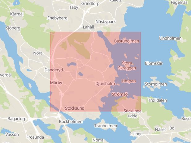 Karta som med röd fyrkant ramar in Djursholm, Danderyd, Stockholms län