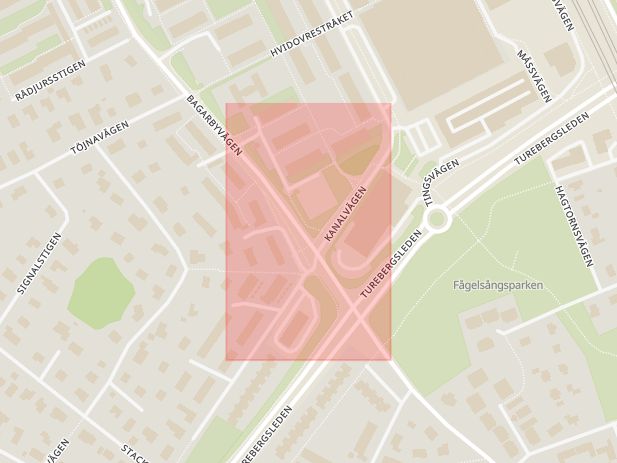 Karta som med röd fyrkant ramar in Tureberg, Kanalvägen, Sollentuna, Stockholms län
