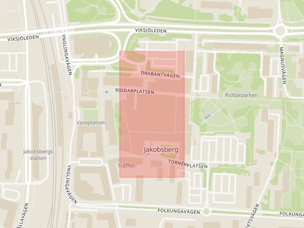 Karta som med röd fyrkant ramar in Jakobsbergs Centrum, Gustavsberg, Hornstull, Stockholm, Stockholms län
