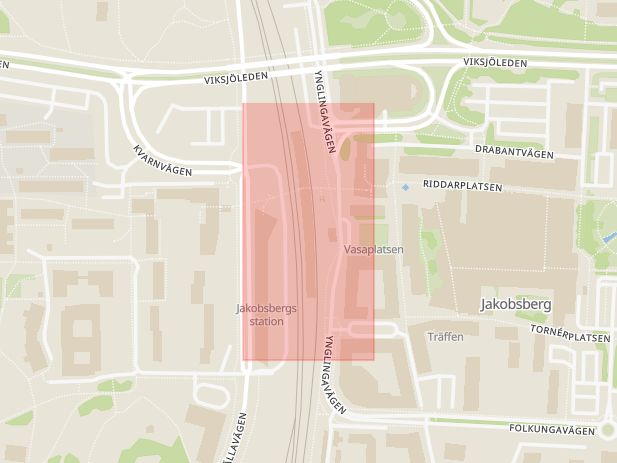 Karta som med röd fyrkant ramar in Jakobsbergs Station, Järfälla, Stockholms län